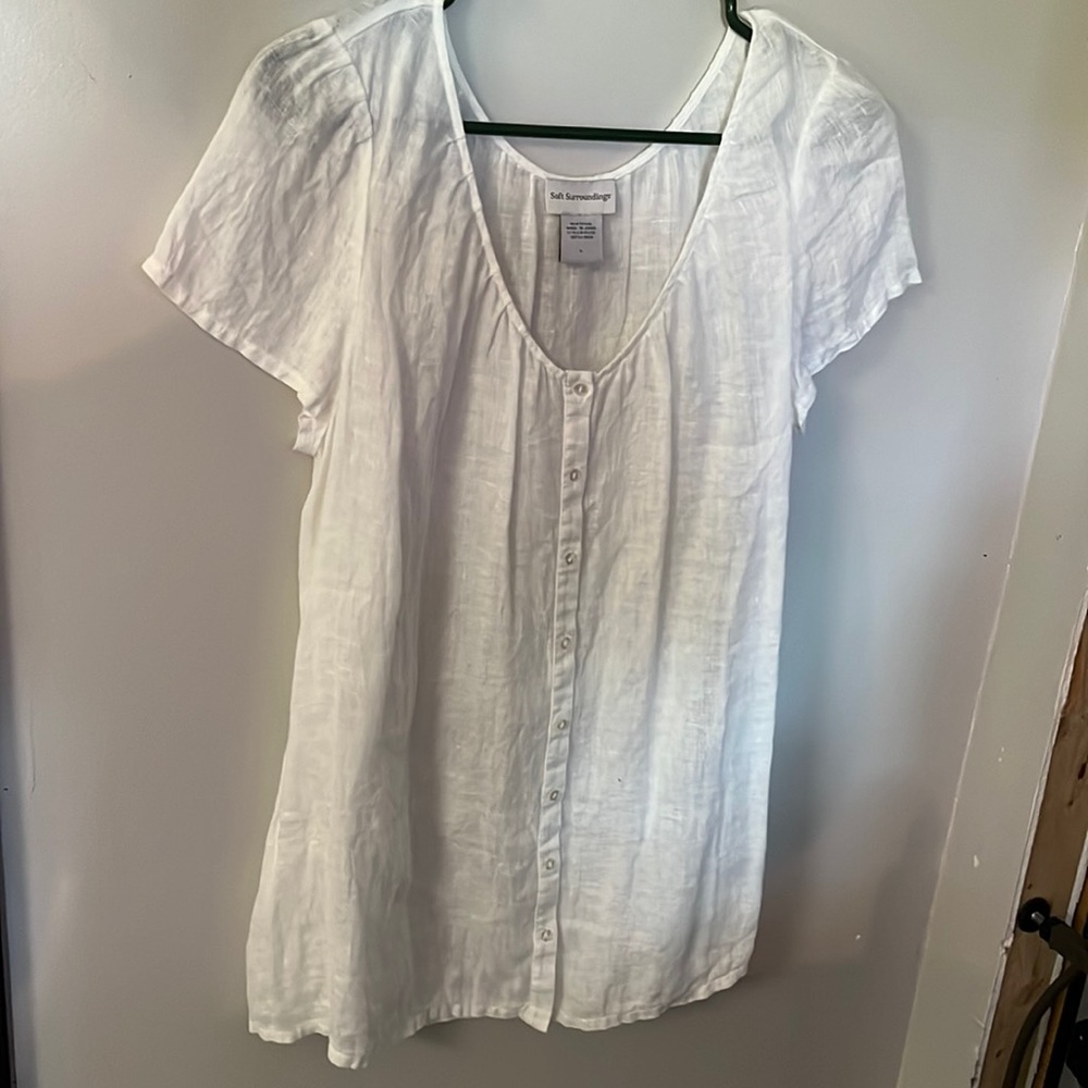 white blouse button down front linen